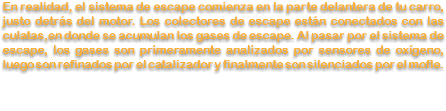 En realidad, el sistema de escape comienza en la parte delantera de tu carro, justo detrás del motor. Los colectores de escape están conectados con las culatas,en donde se acumulan los gases de escape. Al pasar por el sistema de escape, los gases son primeramente analizados por sensores de oxígeno, luego son refinados por el catalizador y finalmente son silenciados por el mofle.

